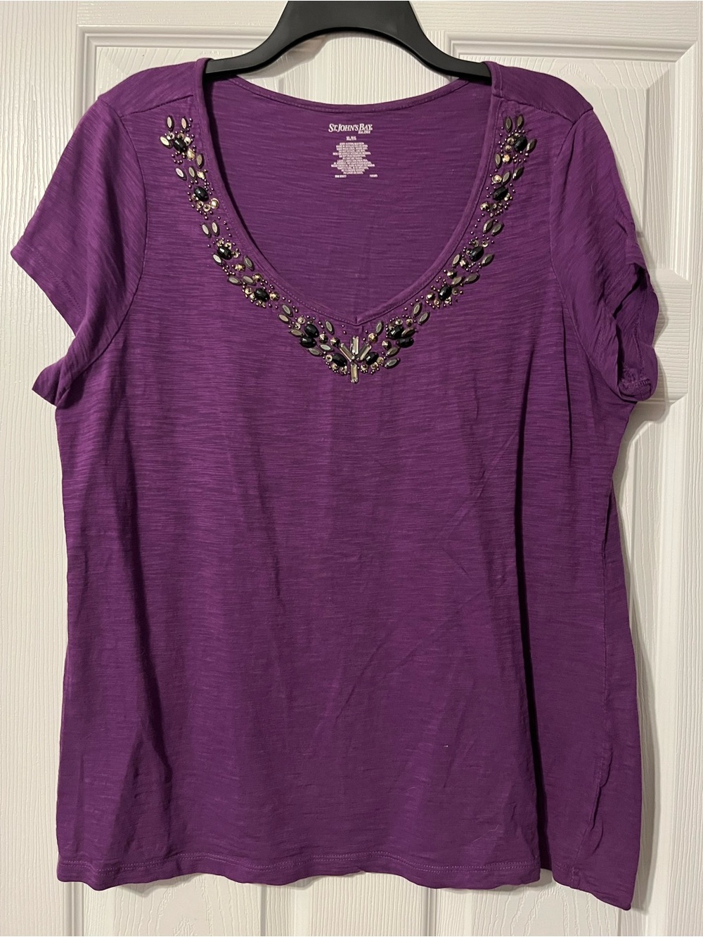 St. John's Bay Purple Short-Sleeve V-Neck Tee with Beaded Accents